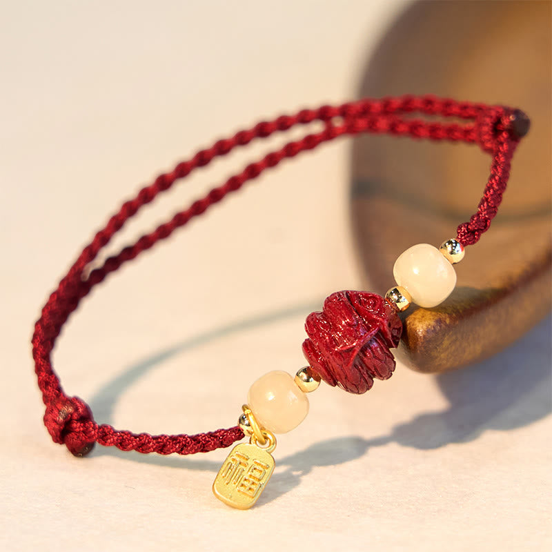 Natural Cinnabar Chinese Zodiac Hetian Jade Fu Character Luck Rope Bracelet