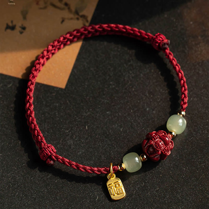 Natural Cinnabar Chinese Zodiac Hetian Jade Fu Character Luck Rope Bracelet